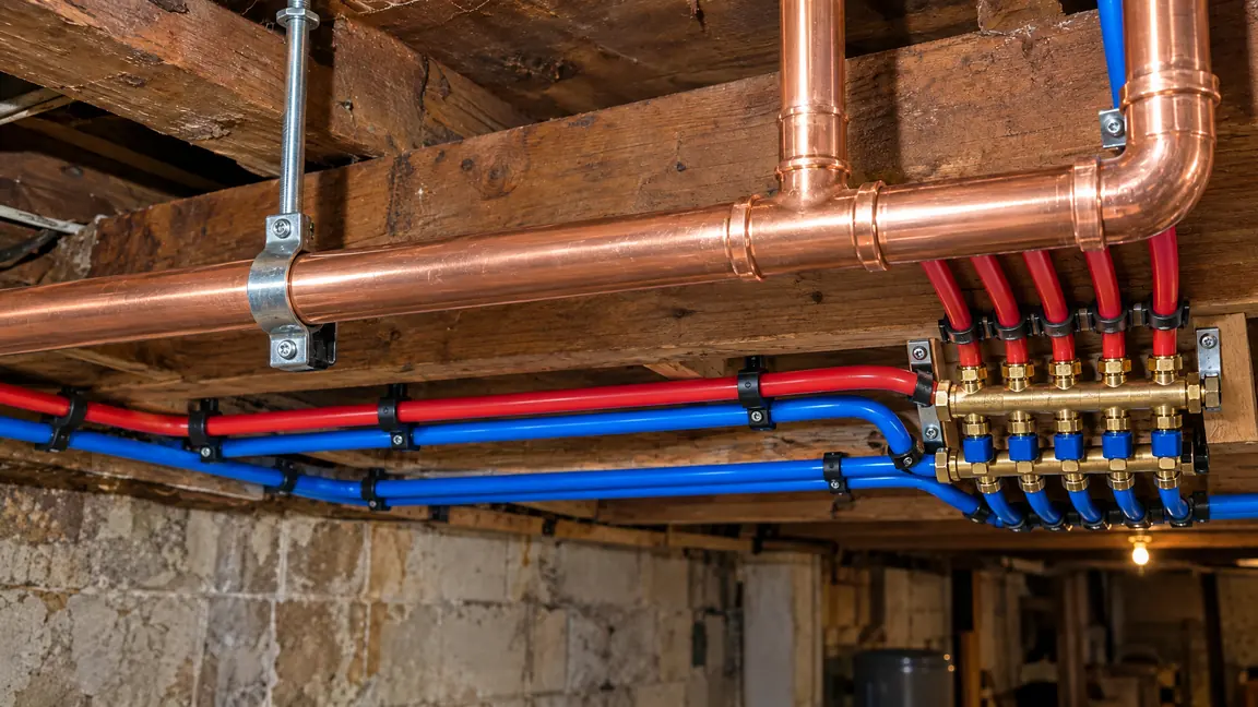 After: A basement ceiling with all-new copper and blue and red PEX water lines on a manifold, clean brackets and bright light