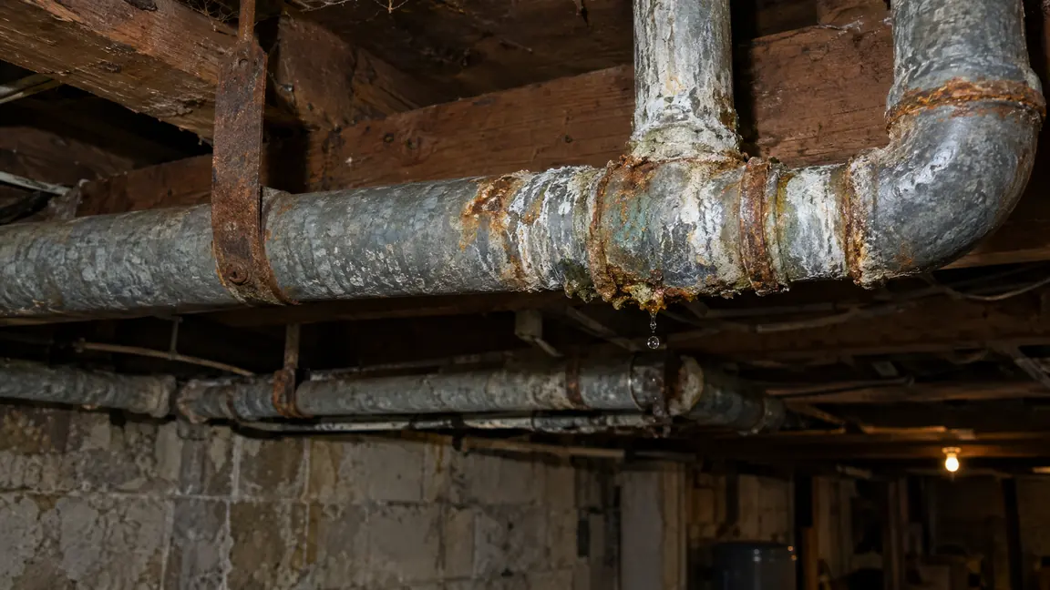 Before: Old rusty corroded galvanized water pipes with mineral stains and a small drip along the unfinished basement ceiling of an older home, dim lighting