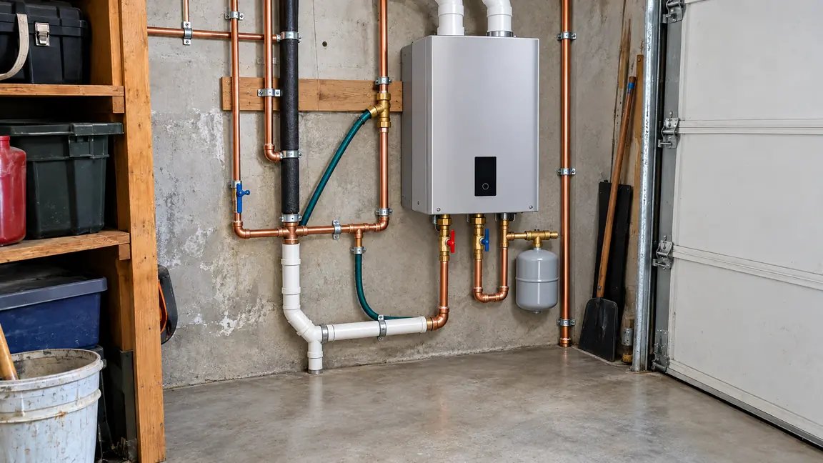 After: A garage corner with a sleek wall-mounted tankless water heater, tidy copper pipes and a clean dry floor