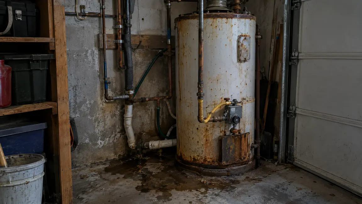 Before: A cramped garage corner with an old rusty tank water heater, water stains on the concrete floor and tangled mismatched pipes, dim lighting