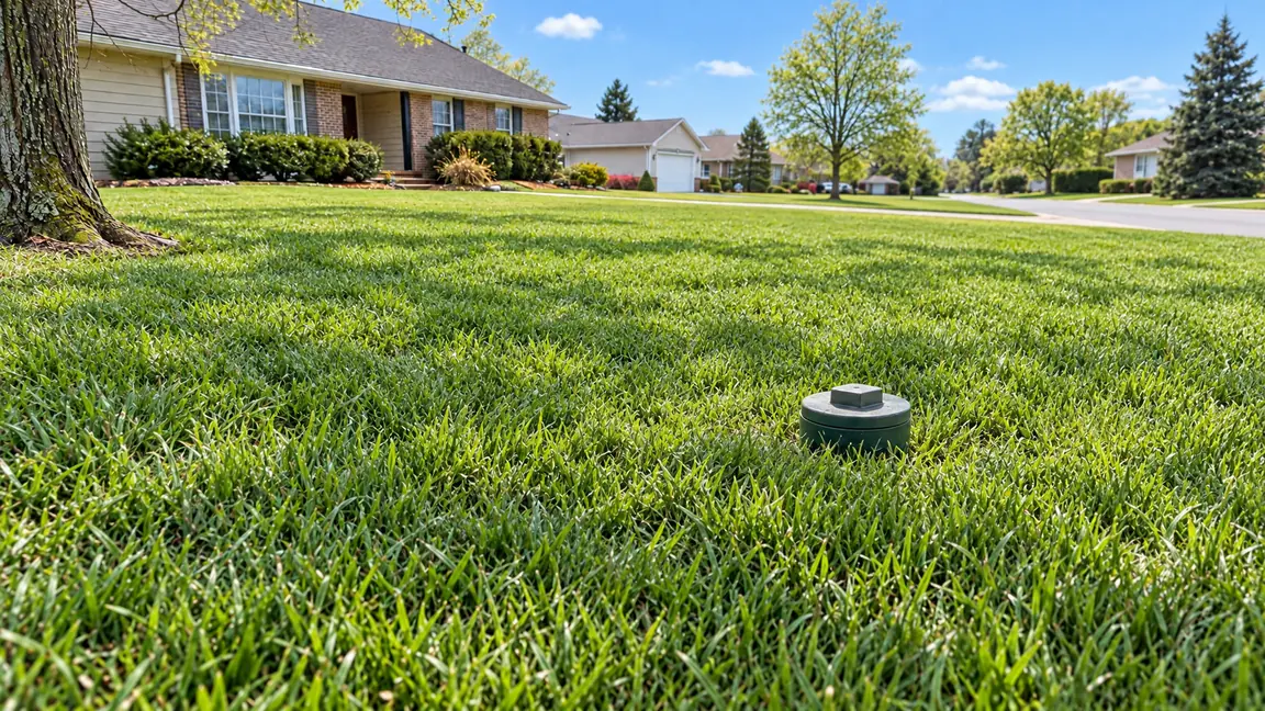 After: A suburban front yard restored with fresh green sod and one small tidy sewer cleanout cap in the grass under a sunny sky
