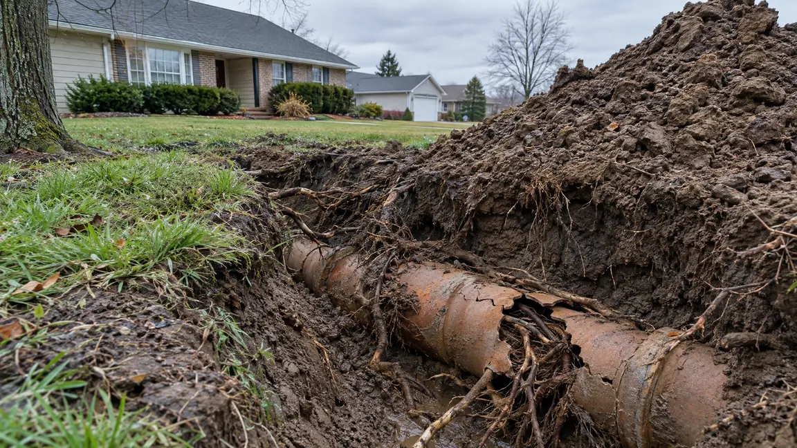 Before: A suburban front yard with a muddy open trench exposing a cracked clay sewer pipe with tree roots growing through it and a pile of dirt, overcast sky