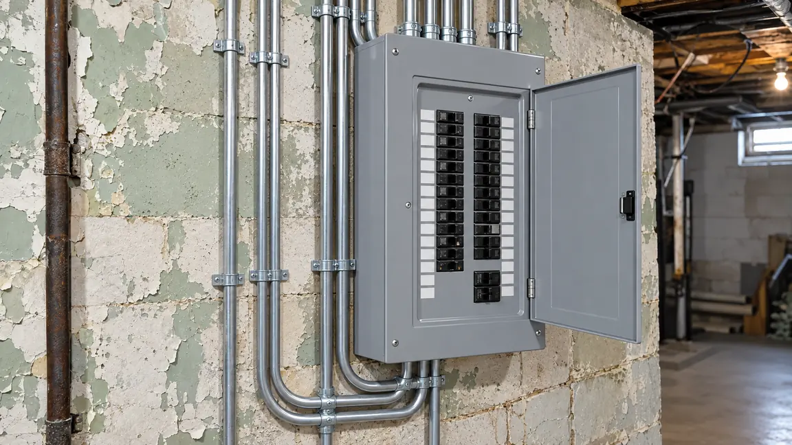 After: A basement wall with a new neat breaker panel, labeled breakers, tidy conduit and fresh paint