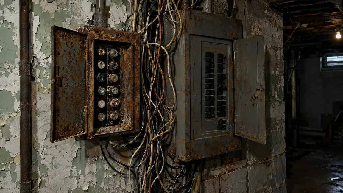 Before: An old rusty fuse box and breaker panel with tangled messy wires hanging out, peeling paint on a basement wall, dim lighting