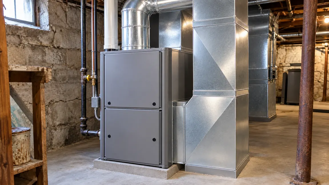 After: A basement with a new clean high-efficiency furnace and straight shiny new ducts