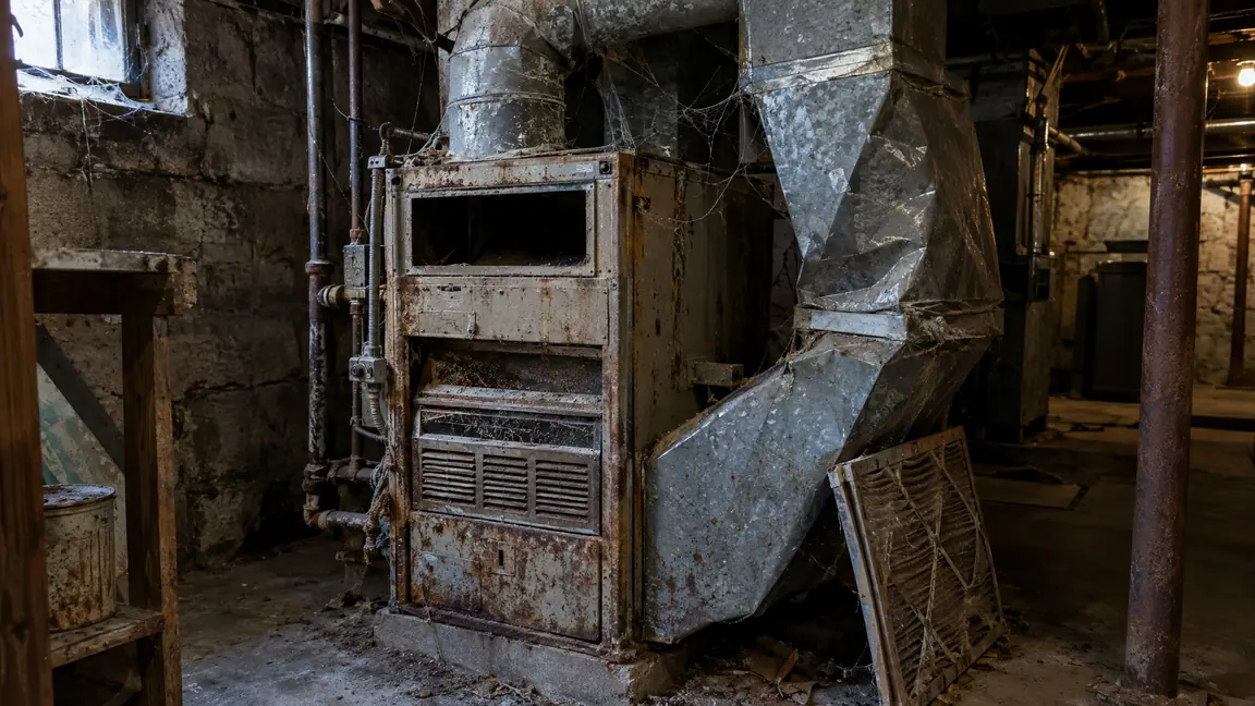 Before: A dusty old rusty gas furnace in a dim basement with crooked dented ducts, cobwebs and a leaning filter