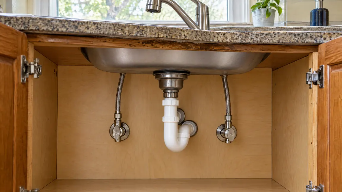 After: A kitchen sink cabinet with a new brushed nickel faucet, braided supply lines, shutoff valves and a clean dry interior