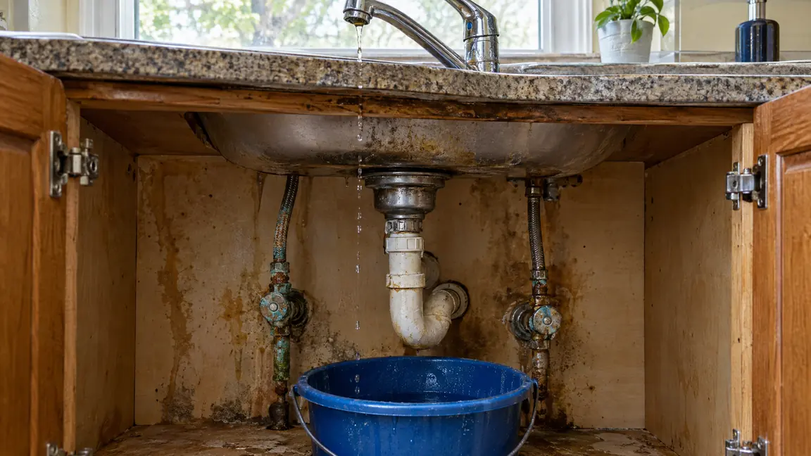 Before: The cabinet under a kitchen sink with corroded supply lines, water stains and a bucket catching drips, a leaky old faucet above