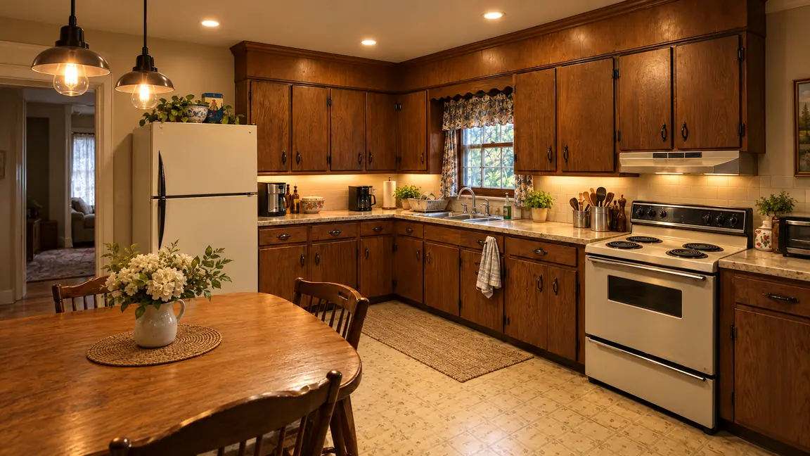 After: The same kitchen brightly lit by recessed LED ceiling lights, pendant lights over the island and under-cabinet lighting