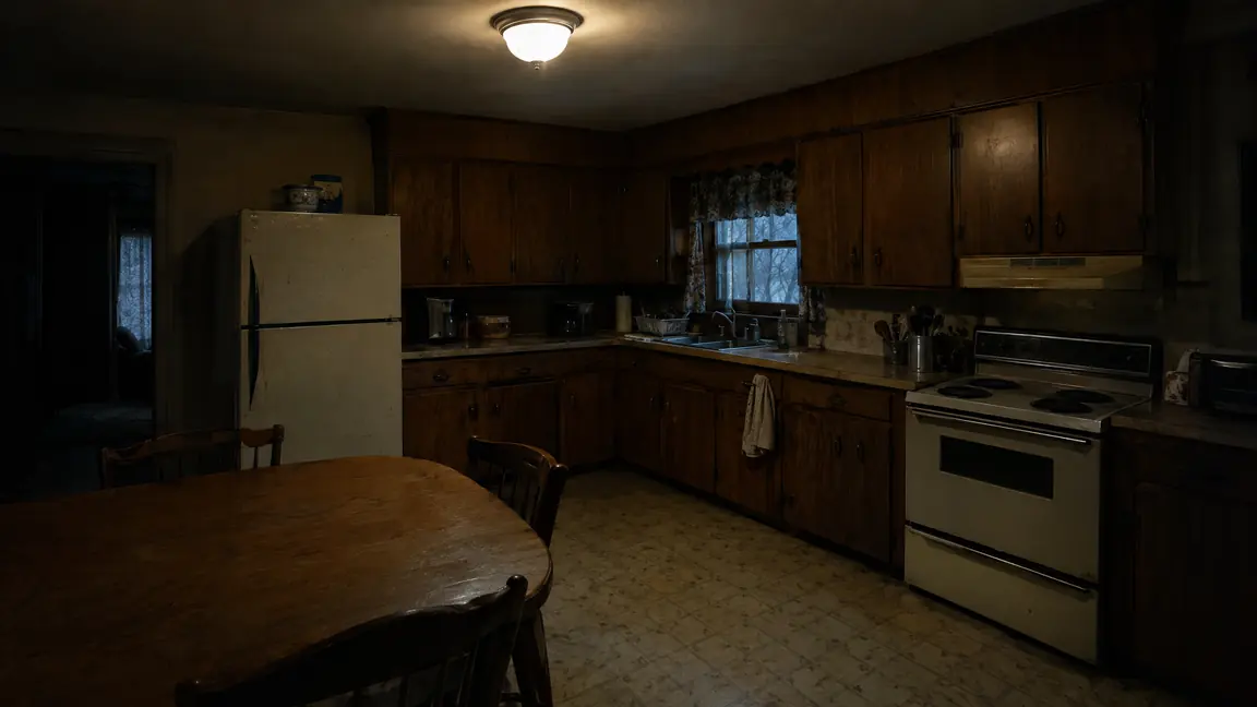 Before: A dim kitchen lit by one dull ceiling light fixture with shadowy corners and dated cabinets