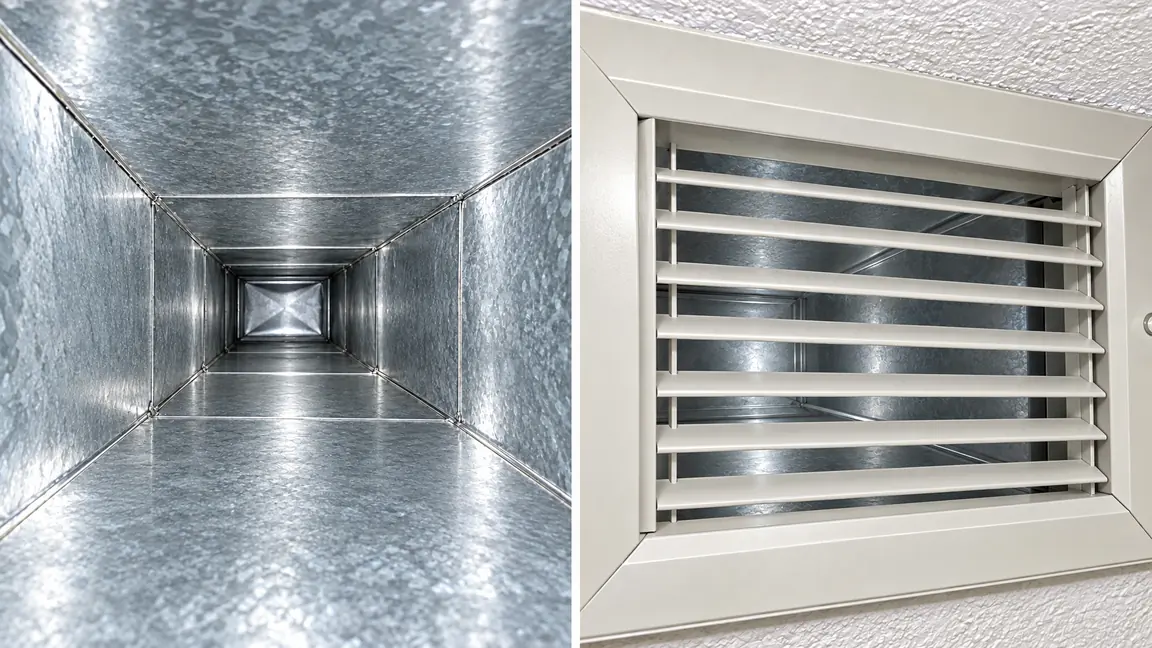 After: A spotless shiny metal air duct and a clean supply register