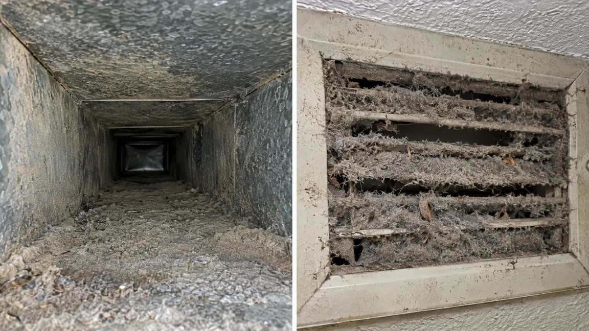 Before: The inside of a dirty air duct and a dust-clogged supply register with thick gray dust and debris
