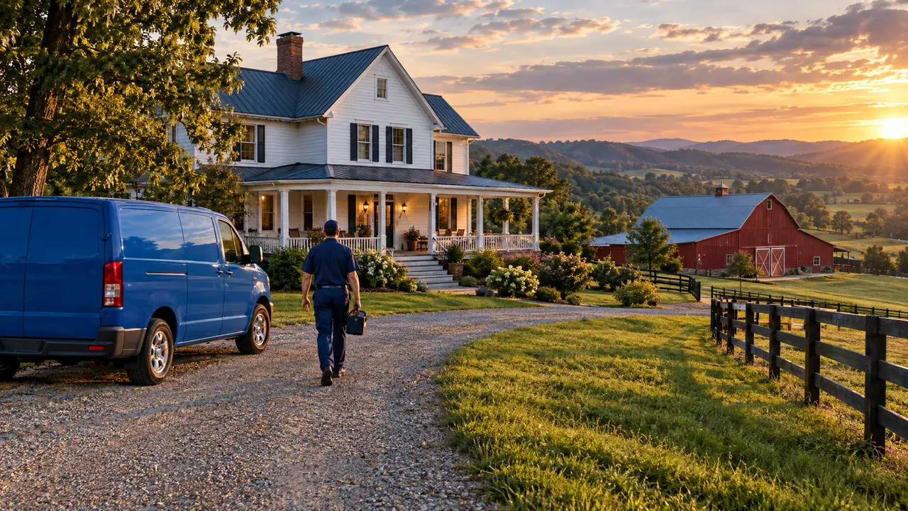 A white farmhouse with a wraparound porch and a red barn on rolling green Tennessee farmland with a plain blue service van in the gravel drive and a technician walking toward the house, golden light