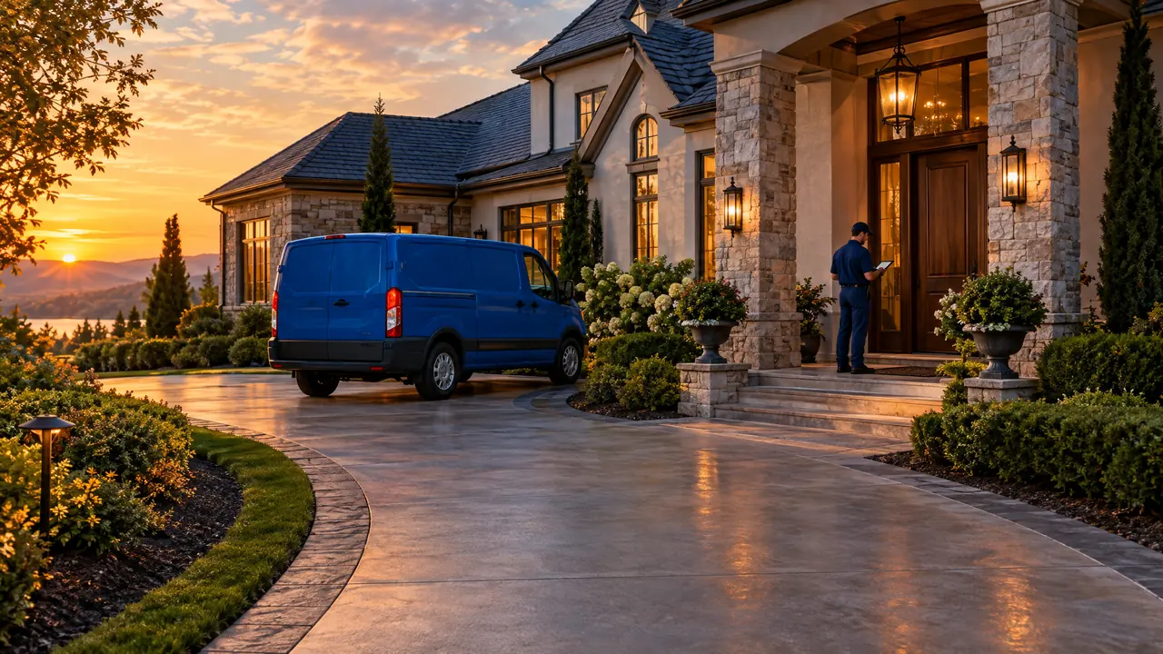A large luxury estate home with a long curving driveway, stone columns and manicured landscaping, a plain blue service van parked near the entrance and a technician with a tablet at the door, golden hour