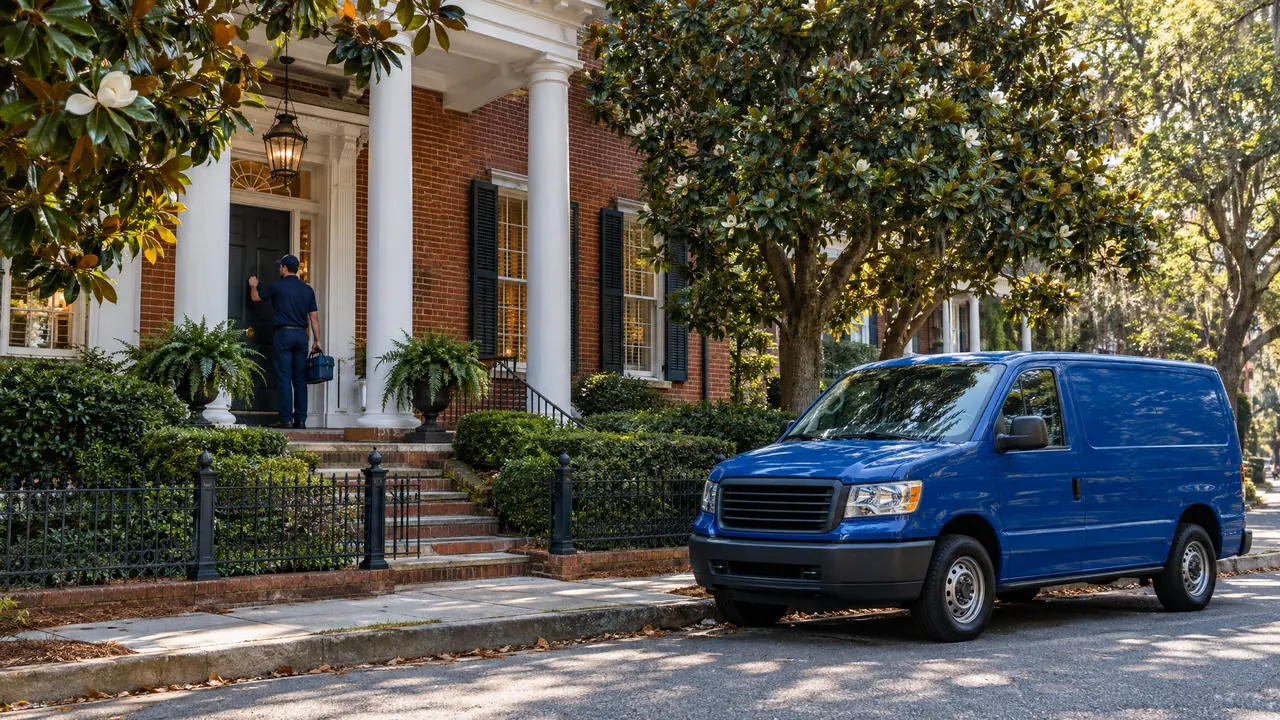A technician in a navy uniform at the front door of a historic red brick Southern home with white columns and mature magnolia trees on a quiet tree-lined street, a plain blue service van parked at the curb