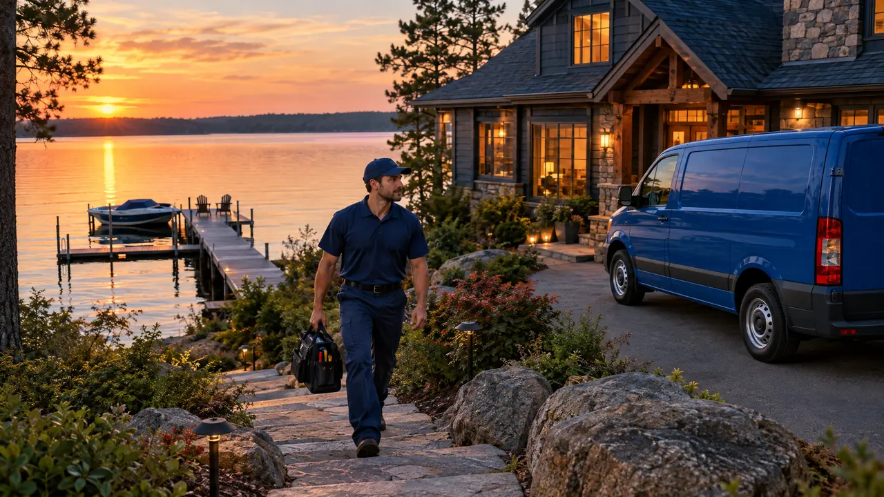 A beautiful lake house with a wooden dock and calm water at sunset, a technician in a navy uniform walking up the stone path with a tool bag, a plain blue service van in the driveway