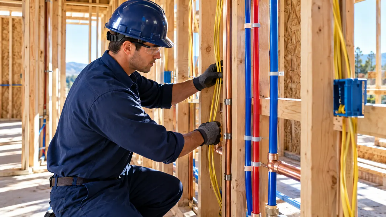 A technician in a navy uniform and hard hat inside a new construction home frame running copper and PEX water lines and electrical wiring between wooden studs, bright sunlight through the framing