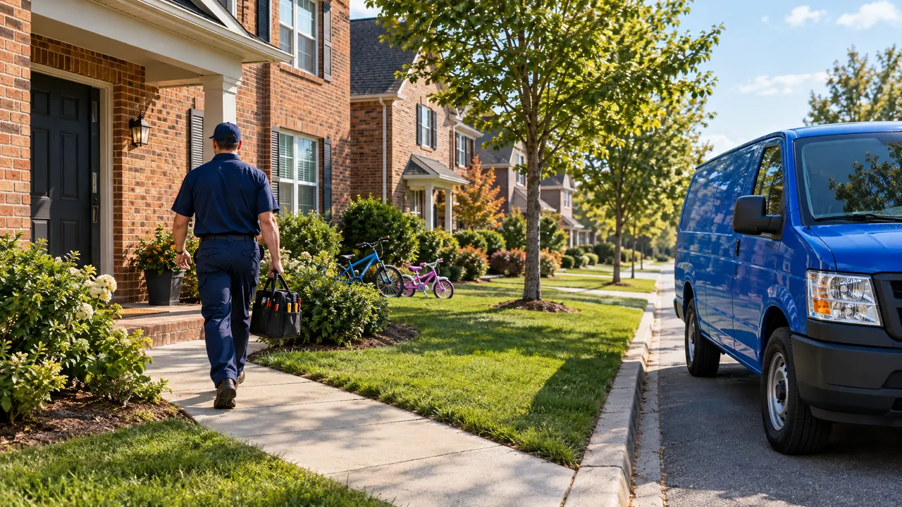 A tidy suburban street with two-story brick homes, green lawns and kids’ bicycles, a technician in a navy uniform carrying a tool bag toward a front door, a plain blue service van at the curb, sunny afternoon