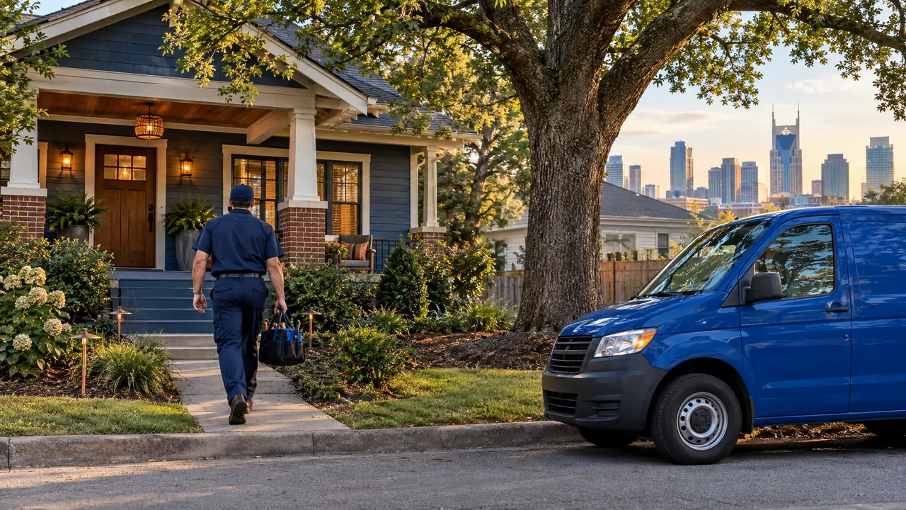 A plumber in a navy uniform carrying a tool bag up the walk of a charming renovated East Nashville bungalow with a front porch and big oak tree, a plain blue service van at the curb, tall downtown buildings faintly visible far behind