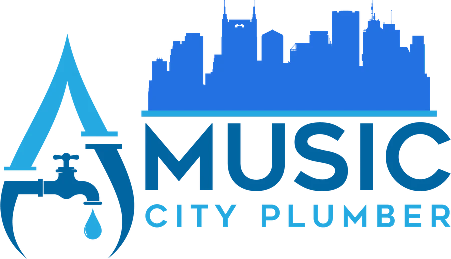 Music City Plumber logo with a blue Nashville skyline above the words Music City in deep blue and Plumber in light blue beside a faucet inside a water droplet