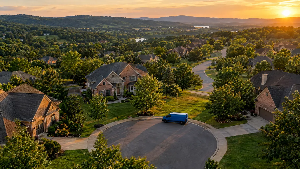 An aerial view over a green Middle Tennessee neighborhood at golden hour with winding streets, brick homes, rolling hills and one plain blue service van parked in a cul-de-sac
