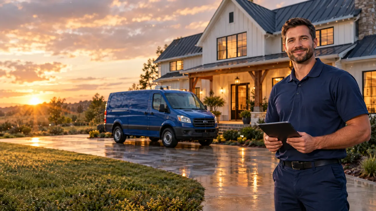 A friendly technician in a navy uniform holding a tablet stands on the right side of the frame in front of a beautiful modern Southern farmhouse-style home at golden hour, a clean plain blue service van in the driveway, warm glowing windows, tiny water droplets and soft light streaks in the air, open space on the left side of the frame