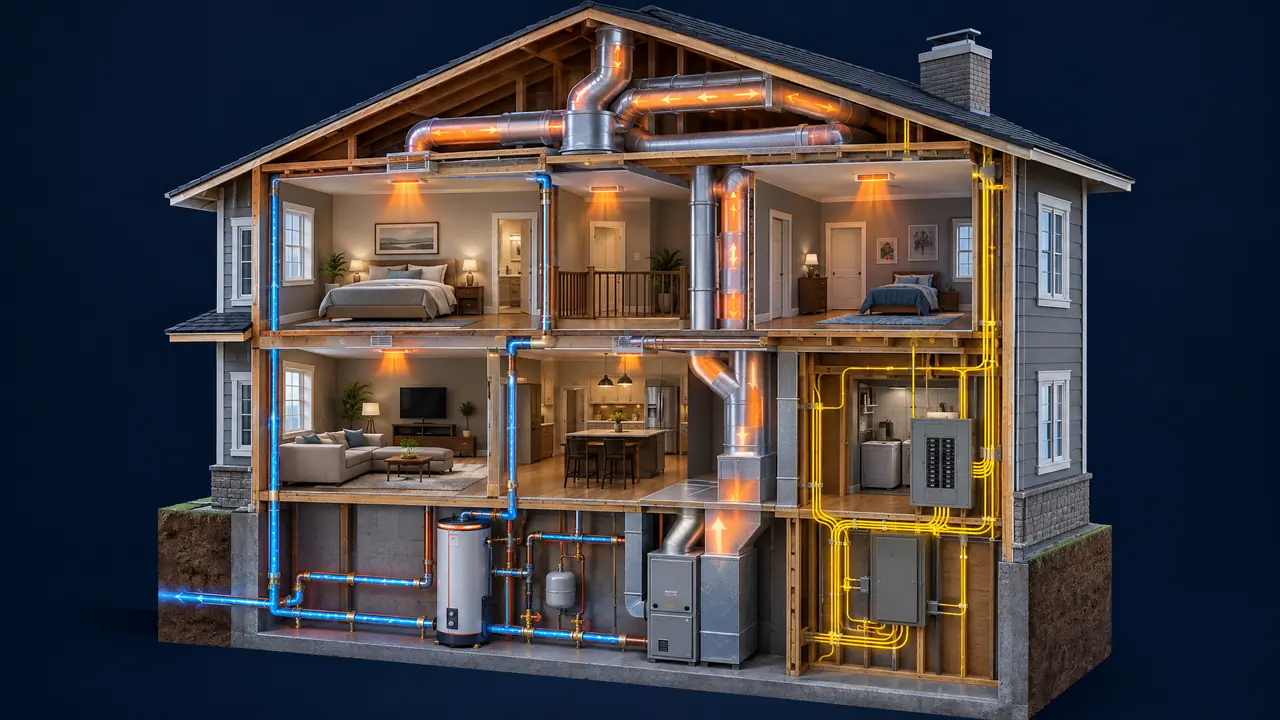A detailed cutaway cross-section of a two-story modern home showing copper water pipes with glowing blue water, silver air ducts with soft orange warm air, and electrical wiring with bright yellow glowing current, a water heater, furnace and breaker panel visible inside, floating on a dark navy background