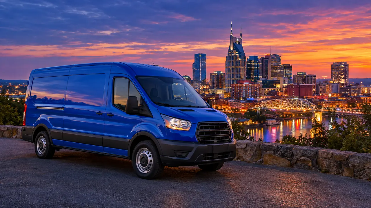 A clean plain blue service van parked on a hilltop overlook with the Nashville skyline glowing at blue-hour dusk behind it, warm city lights and a purple and orange sky
