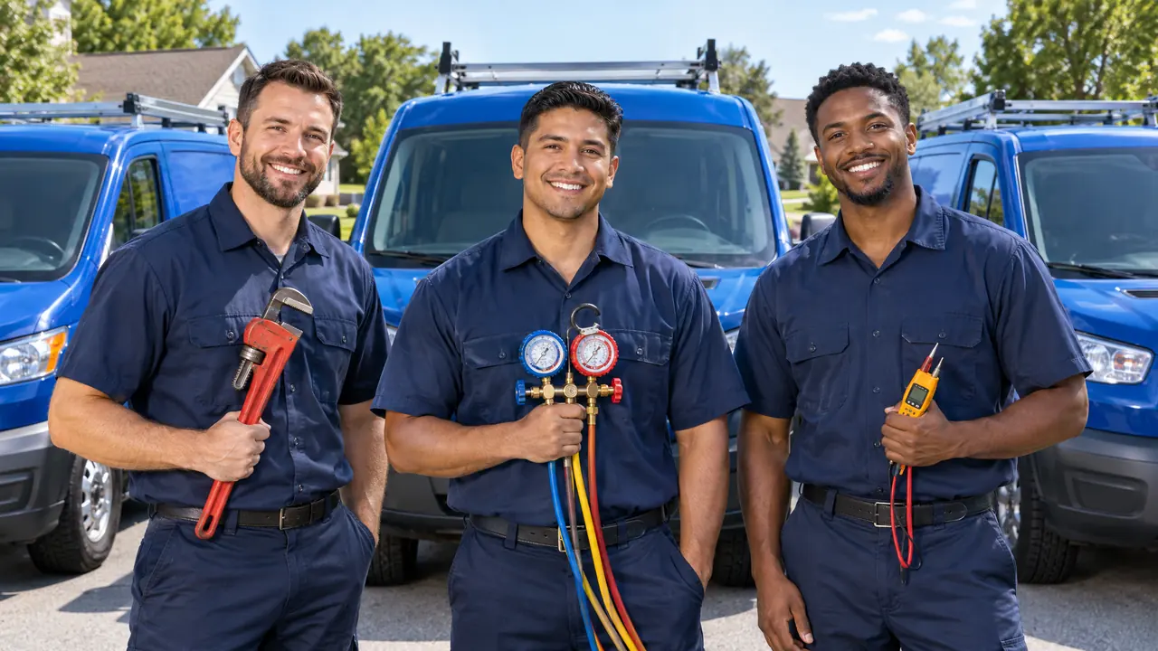 Three smiling technicians in navy work shirts, a plumber with a pipe wrench, an HVAC technician with gauges and an electrician with a voltage tester, stand side by side in front of three plain blue service vans on a sunny suburban street