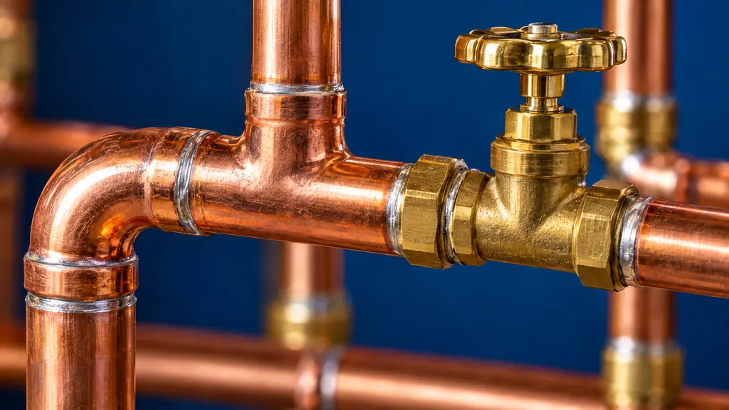 A macro close-up of shiny copper water pipes with soldered elbow and tee fittings and a gleaming brass valve, warm copper highlights against a deep blue background, shallow depth of field