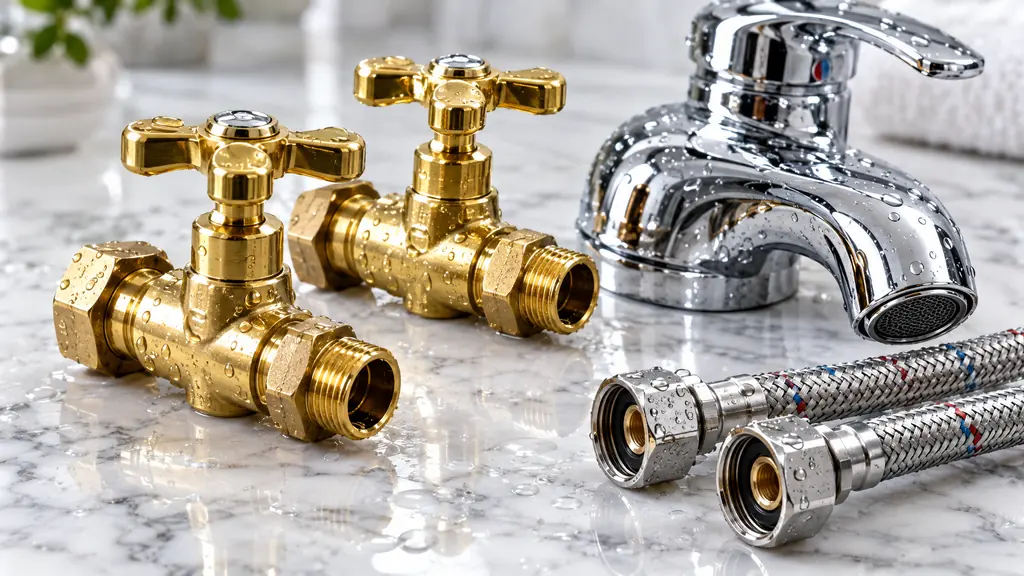A macro close-up of polished brass shutoff valves, a chrome faucet and braided supply lines arranged on a clean white marble surface with water droplets, shallow depth of field