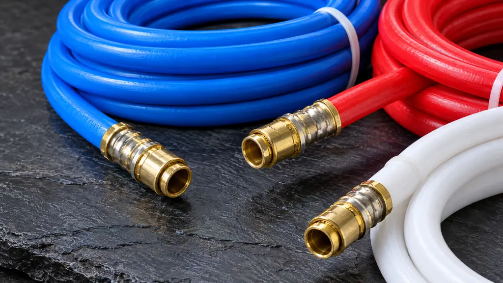 A macro close-up of neatly coiled blue, red and white PEX plumbing tubing with brass crimp fittings on a dark slate surface, crisp detail