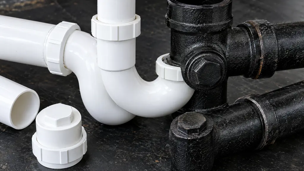 A macro close-up of white PVC and black cast iron drain pipes with couplings, cleanout plugs and a P-trap on a dark workbench, crisp detail