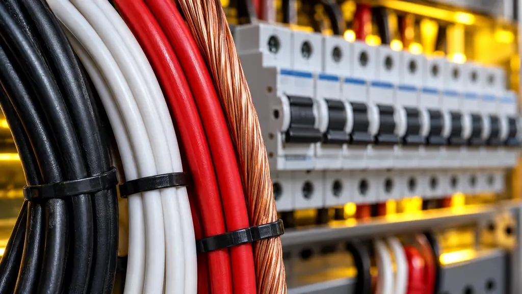A macro close-up of colorful electrical wire bundles in black, white, red and bare copper with a row of modern circuit breakers softly blurred behind, glowing yellow accent light