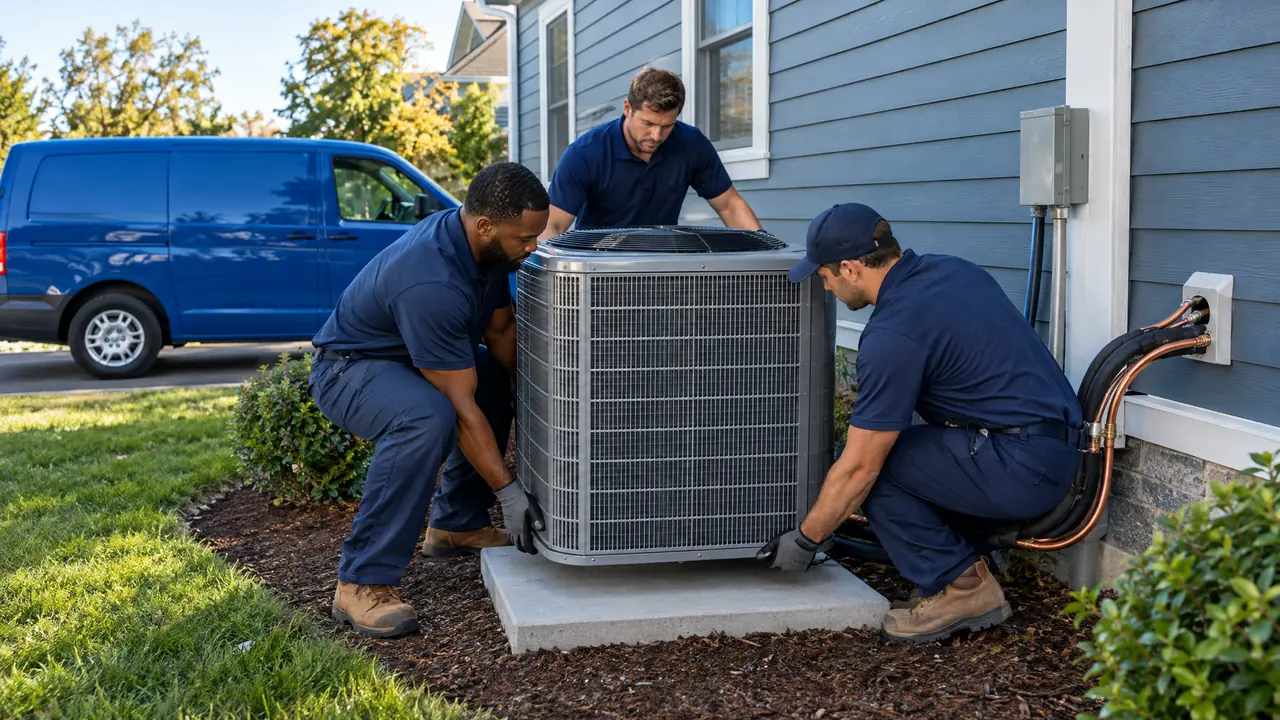 A crew carefully setting a brand-new outdoor air conditioner onto a clean pad beside a two-story home, a plain blue service van behind them