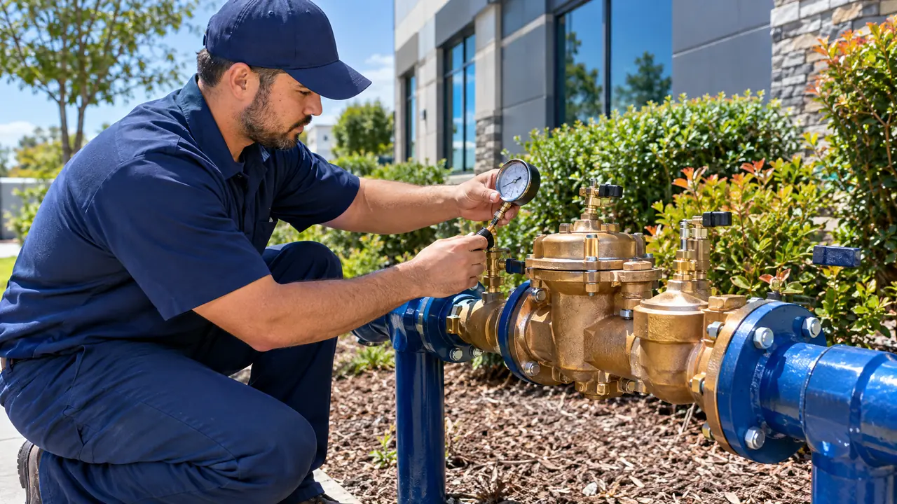 A tester attaching a gauge to a brass backflow preventer assembly beside a commercial building with landscaping, bright daylight