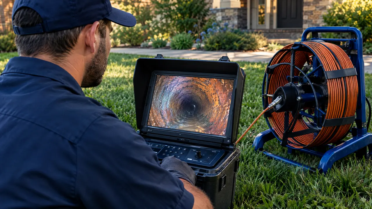 A technician watching a monitor that shows the inside of a sewer pipe from a push camera, a reel of camera cable on the grass in a front yard
