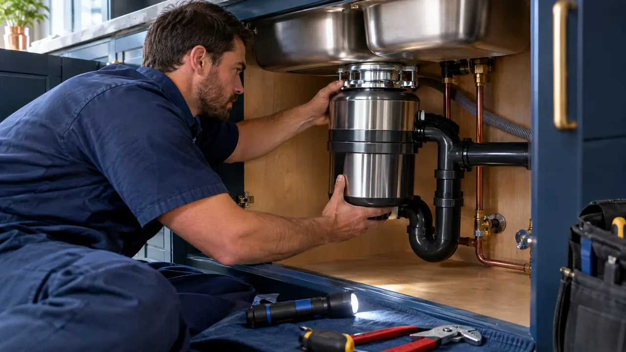 Garbage Disposal Installation | Music City Plumber A plumber installing a garbage disposal under a stainless kitchen sink, the new unit gleaming, with a flashlight and tools nearby