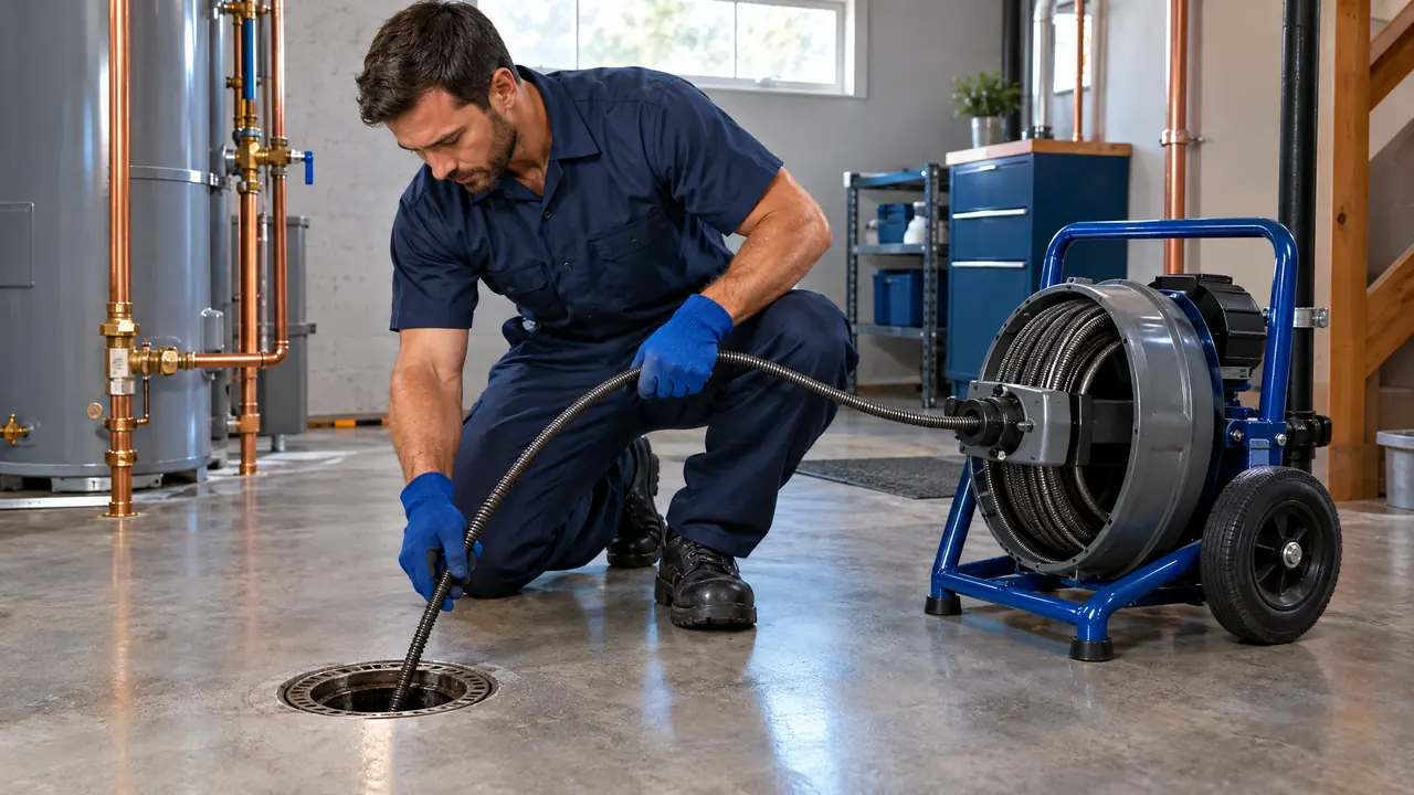 A plumber feeding a drain cleaning cable into a floor drain in a clean basement utility room with a coiled drain machine beside him