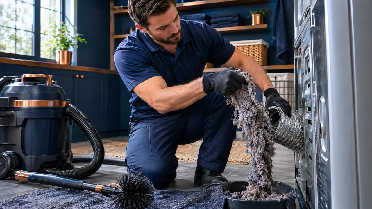 A technician pulling a long clump of lint from a dryer vent hose behind a dryer in a laundry room, a vent brush and vacuum beside him