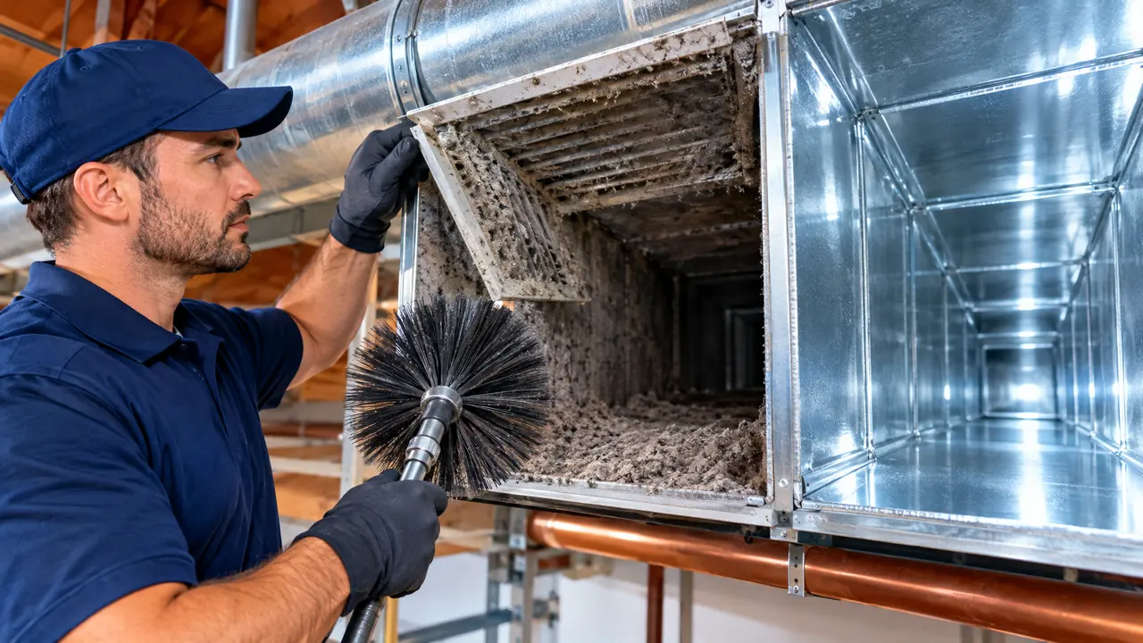 A technician pulling back a dusty duct register and holding a rotary duct brush, a clean sparkling metal duct beside a dirty one, bright light
