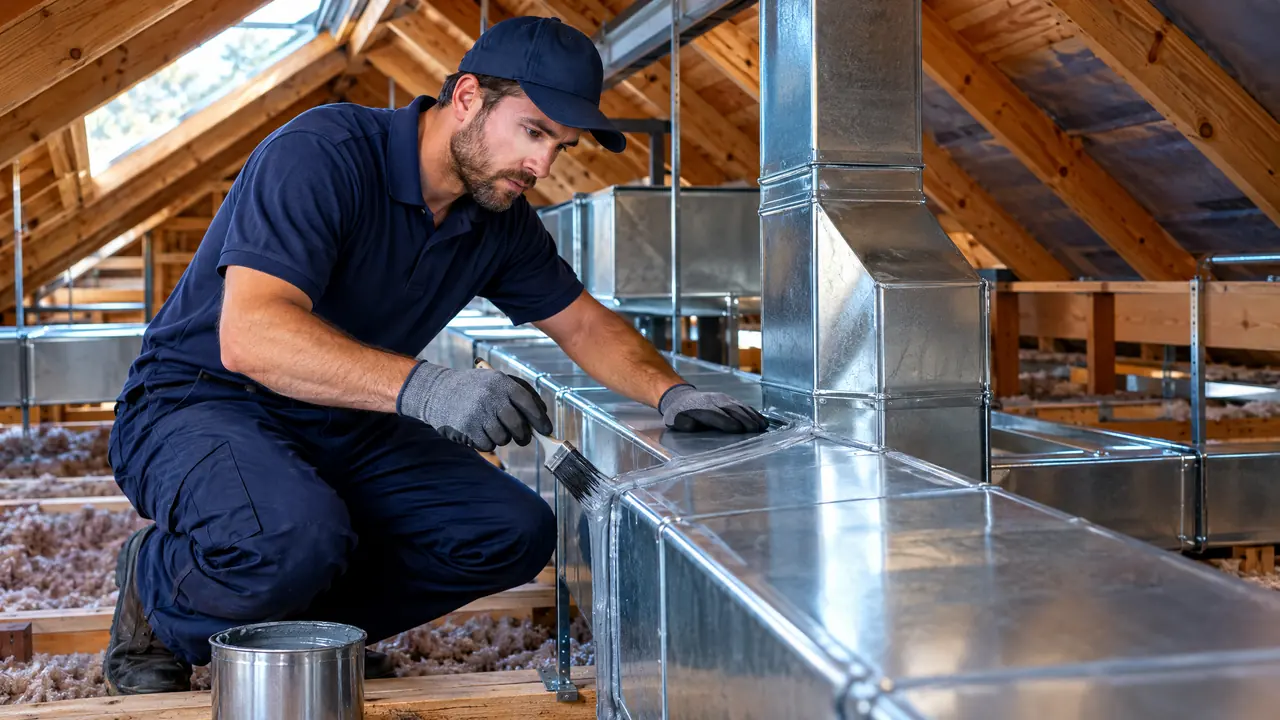 A neat network of new silver sheet metal ducts being installed in an open attic, a technician brushing sealant onto a seam