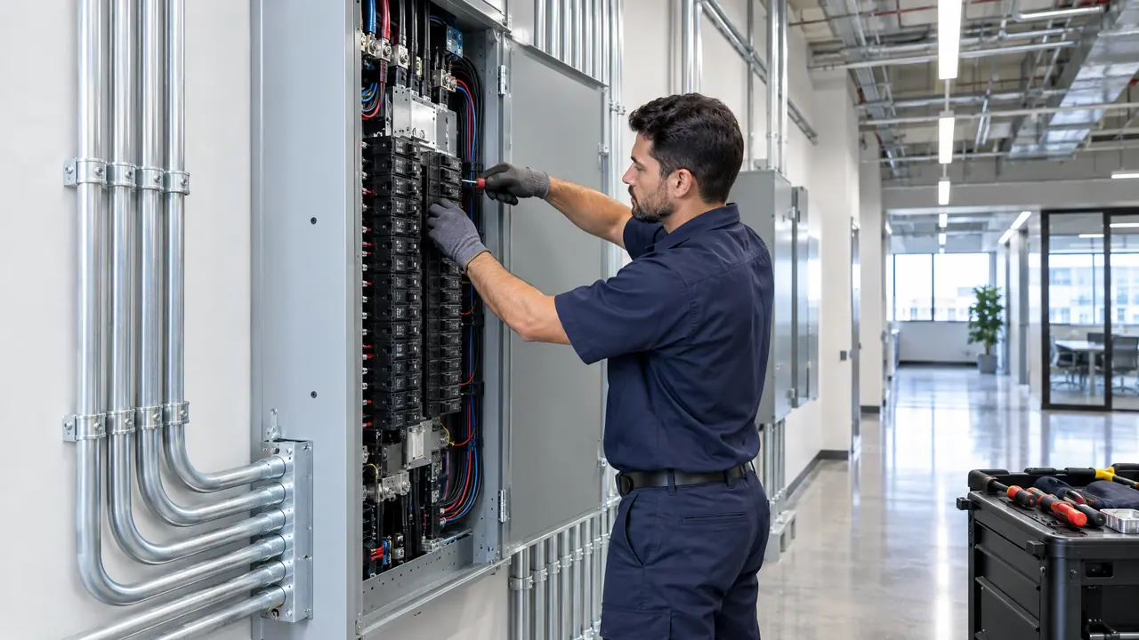 An electrician working on a large commercial electrical panel and neat conduit runs in a modern office building, bright industrial lighting
