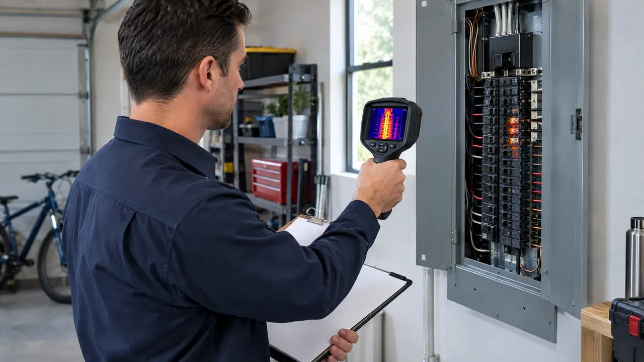 An electrician with a clipboard and a thermal camera inspecting a breaker panel in a tidy garage, the thermal screen showing warm spots