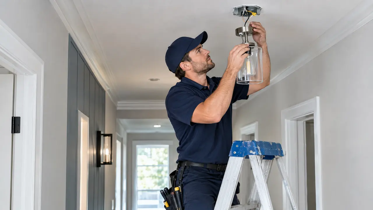 An electrician installing a new light fixture and junction box in a freshly renovated hallway with neat wiring and a ladder