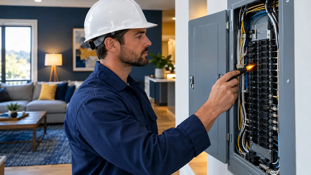 An electrician in a navy uniform and hard hat holding a voltage tester beside an open breaker panel in a modern home, blue and warm yellow accents