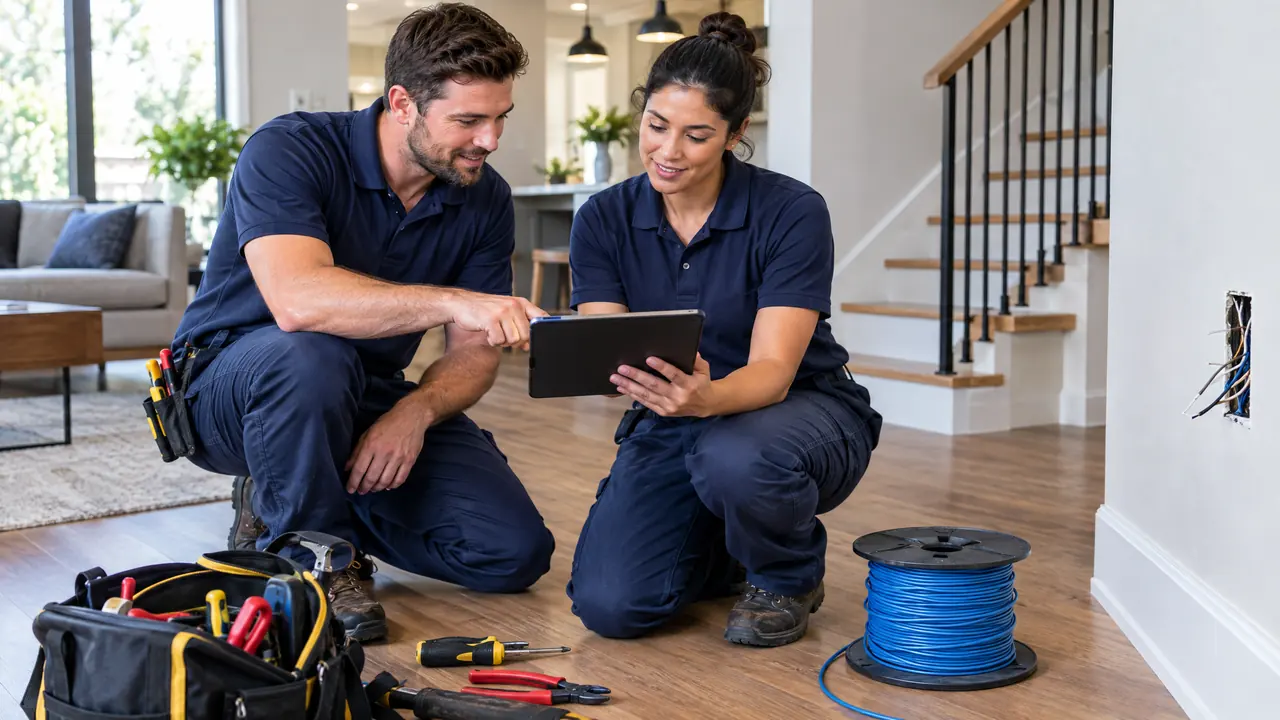 Two electricians reviewing plans on a tablet in a home, tools and a spool of wire at their feet, friendly and professional