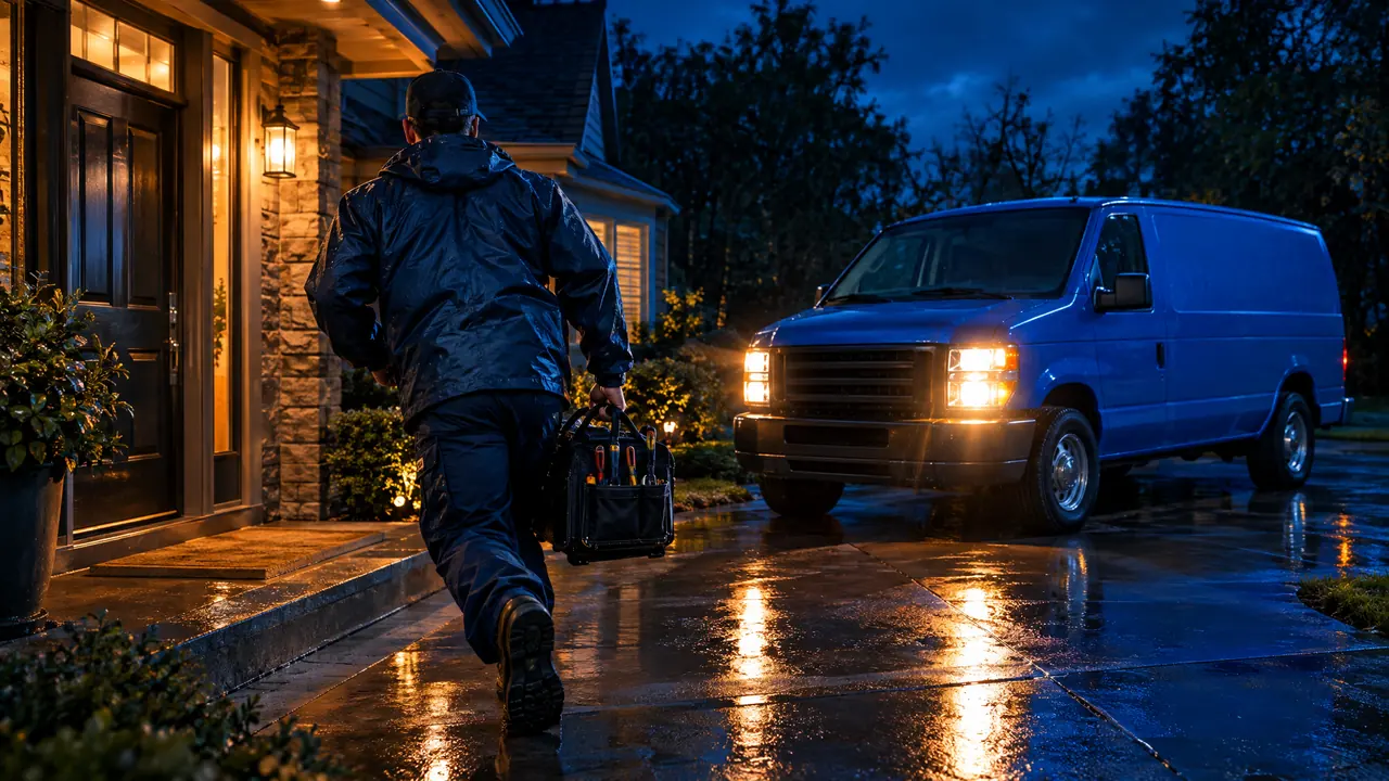 Emergency Plumber Arriving at Night | Music City Plumber A plumber in a navy rain jacket rushing with a tool bag toward the front door of a house at night while a plain blue service van waits with its lights glowing in the driveway