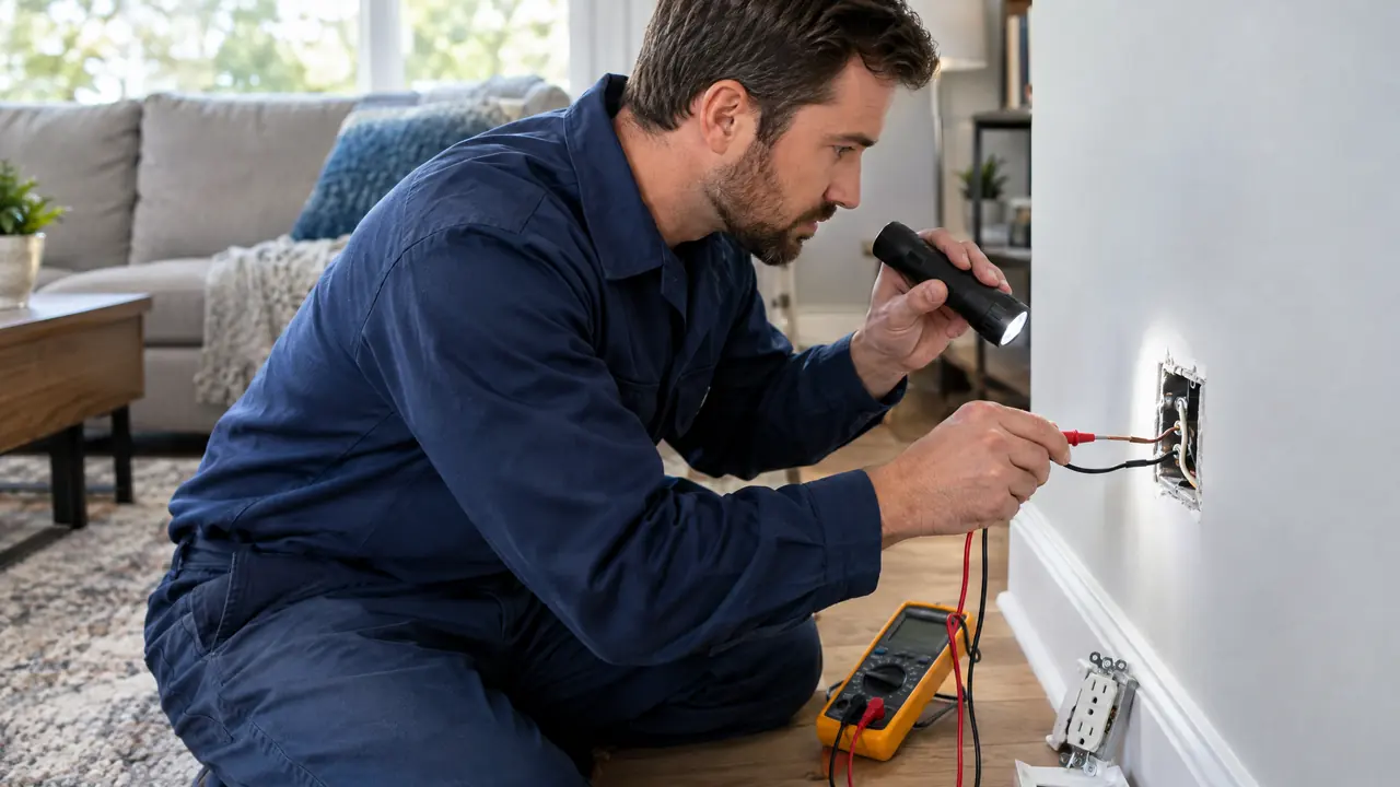 An electrician testing a dead outlet with a multimeter in a living room, the plate removed from the wall and a flashlight in hand