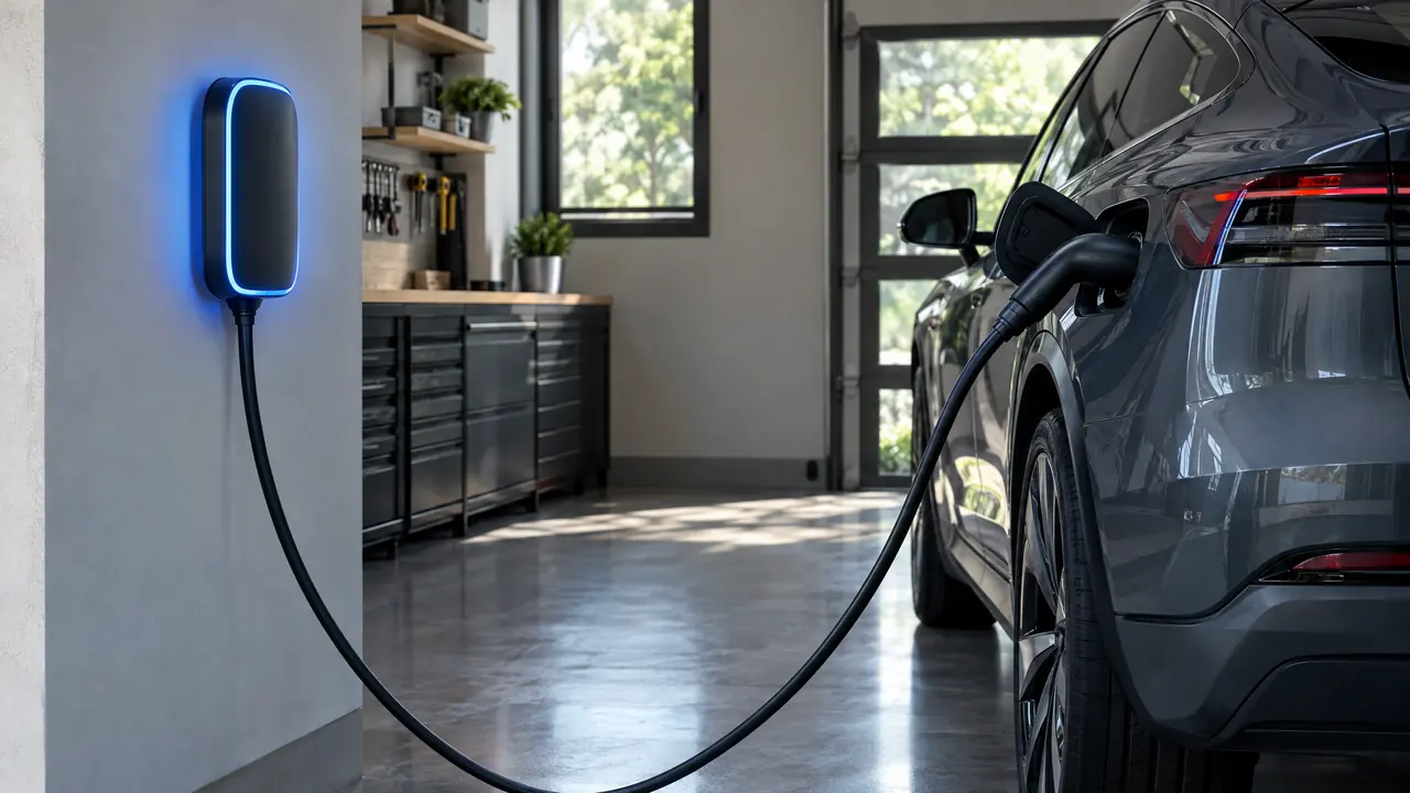 A wall-mounted electric vehicle charger in a clean garage plugged into a modern electric car, a soft blue glow on the charger
